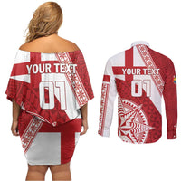 Custom Tonga Rugby Mate Maa Couples Matching Off Shoulder Short Dress and Long Sleeve Button Shirt Ngatu Pattern LT01 - Polynesian Pride