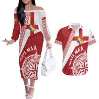 Custom Tonga Rugby Mate Maa Couples Matching Off The Shoulder Long Sleeve Dress and Hawaiian Shirt Ngatu Pattern LT01 Red - Polynesian Pride