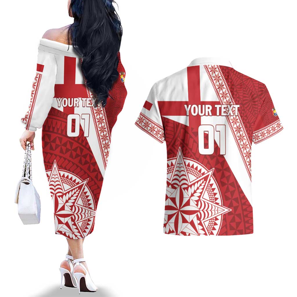 Custom Tonga Rugby Mate Maa Couples Matching Off The Shoulder Long Sleeve Dress and Hawaiian Shirt Ngatu Pattern LT01 - Polynesian Pride