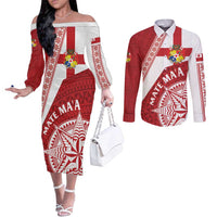 Custom Tonga Rugby Mate Maa Couples Matching Off The Shoulder Long Sleeve Dress and Long Sleeve Button Shirt Ngatu Pattern LT01 Red - Polynesian Pride