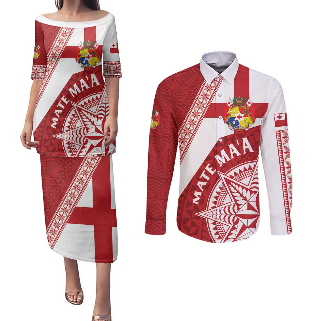 Custom Tonga Rugby Mate Maa Couples Matching Puletasi and Long Sleeve Button Shirt Ngatu Pattern