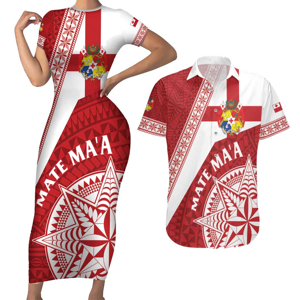 Custom Tonga Rugby Mate Maa Couples Matching Short Sleeve Bodycon Dress and Hawaiian Shirt Ngatu Pattern