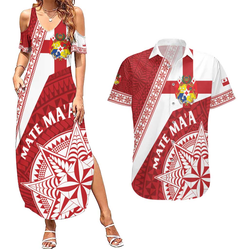 Custom Tonga Rugby Mate Maa Couples Matching Summer Maxi Dress and Hawaiian Shirt Ngatu Pattern LT01 Red - Polynesian Pride