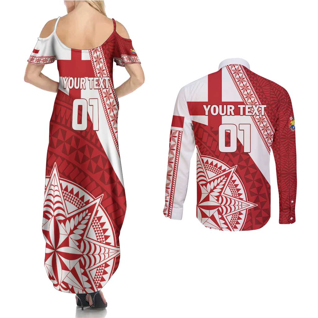 Custom Tonga Rugby Mate Maa Couples Matching Summer Maxi Dress and Long Sleeve Button Shirt Ngatu Pattern LT01 - Polynesian Pride