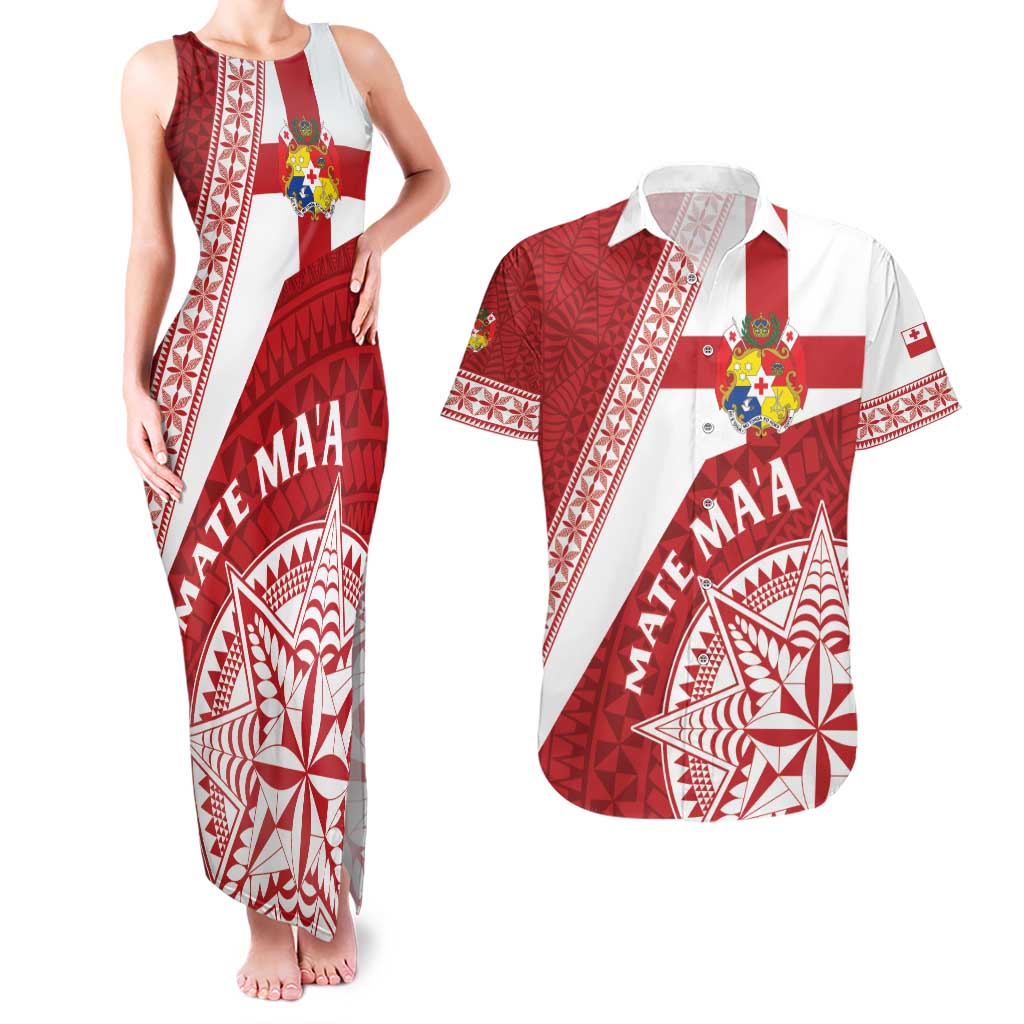 Custom Tonga Rugby Mate Maa Couples Matching Tank Maxi Dress and Hawaiian Shirt Ngatu Pattern LT01 Red - Polynesian Pride