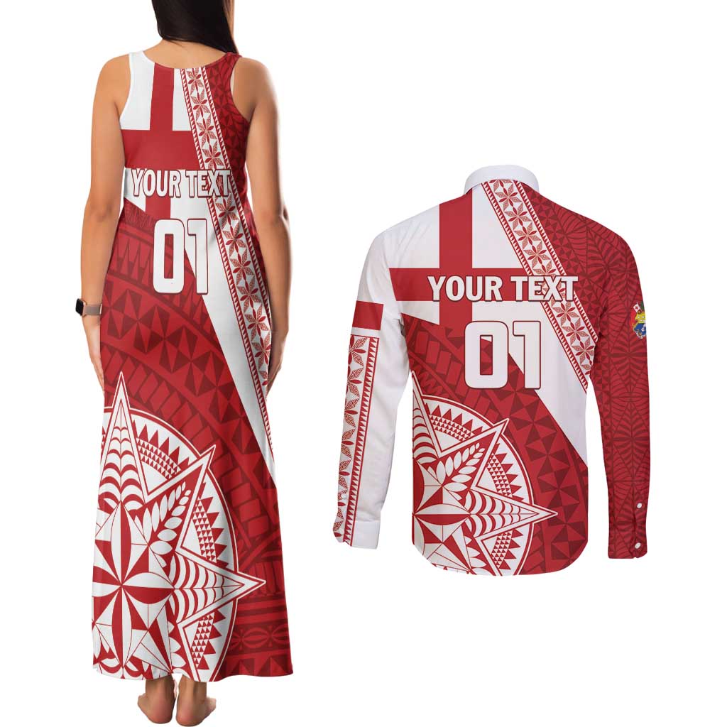 Custom Tonga Rugby Mate Maa Couples Matching Tank Maxi Dress and Long Sleeve Button Shirt Ngatu Pattern LT01 - Polynesian Pride