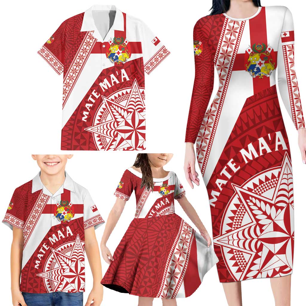 Custom Tonga Rugby Mate Maa Family Matching Long Sleeve Bodycon Dress and Hawaiian Shirt Ngatu Pattern