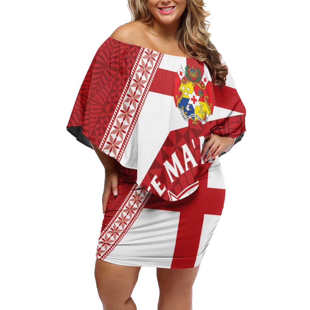 Custom Tonga Rugby Mate Maa Off Shoulder Short Dress Ngatu Pattern LT01 Women Red - Polynesian Pride