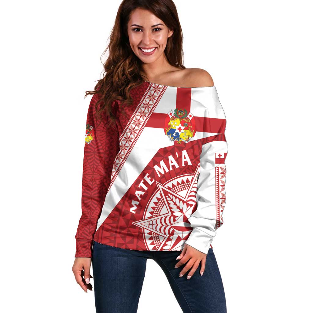 Custom Tonga Rugby Mate Maa Off Shoulder Sweater Ngatu Pattern LT01 Women Red - Polynesian Pride