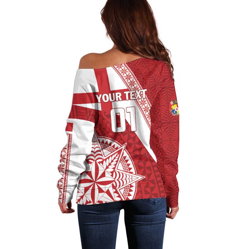 Custom Tonga Rugby Mate Maa Off Shoulder Sweater Ngatu Pattern LT01 - Polynesian Pride