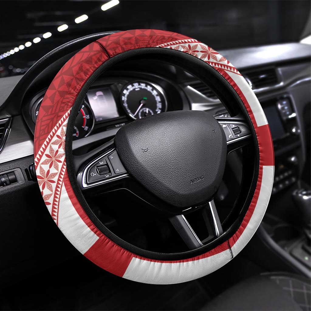 Tonga Rugby Mate Maa Steering Wheel Cover Ngatu Pattern LT01 Universal Fit Red - Polynesian Pride