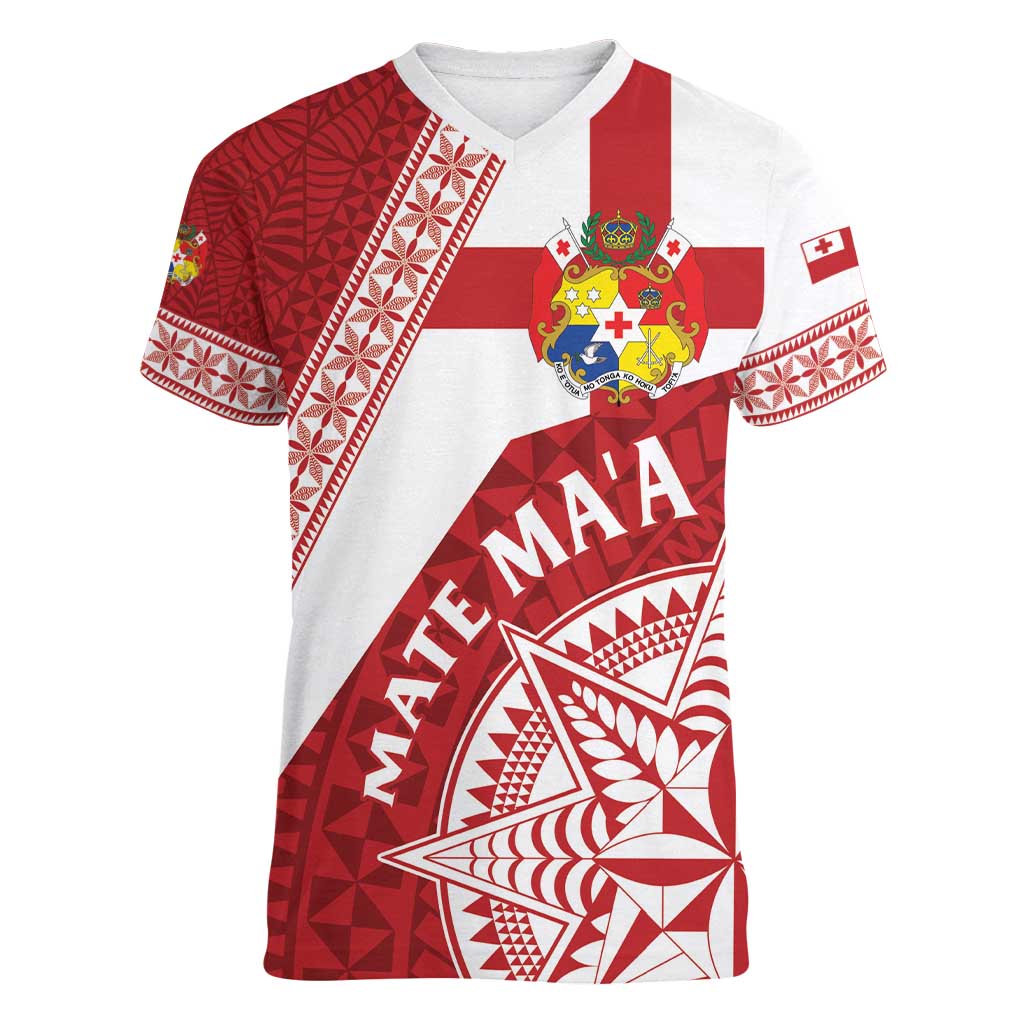 Custom Tonga Rugby Mate Maa Women V-Neck T-Shirt Ngatu Pattern