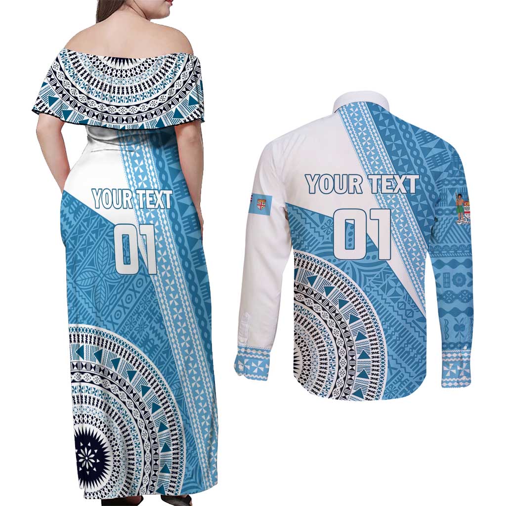 Custom Fiji Rugby Bati Couples Matching Off Shoulder Maxi Dress and Long Sleeve Button Shirt Tapa Pattern