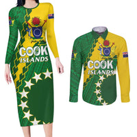 Custom Cook Islands Rugby Kukis Couples Matching Long Sleeve Bodycon Dress and Long Sleeve Button Shirt Circle Stars LT01 Green - Polynesian Pride
