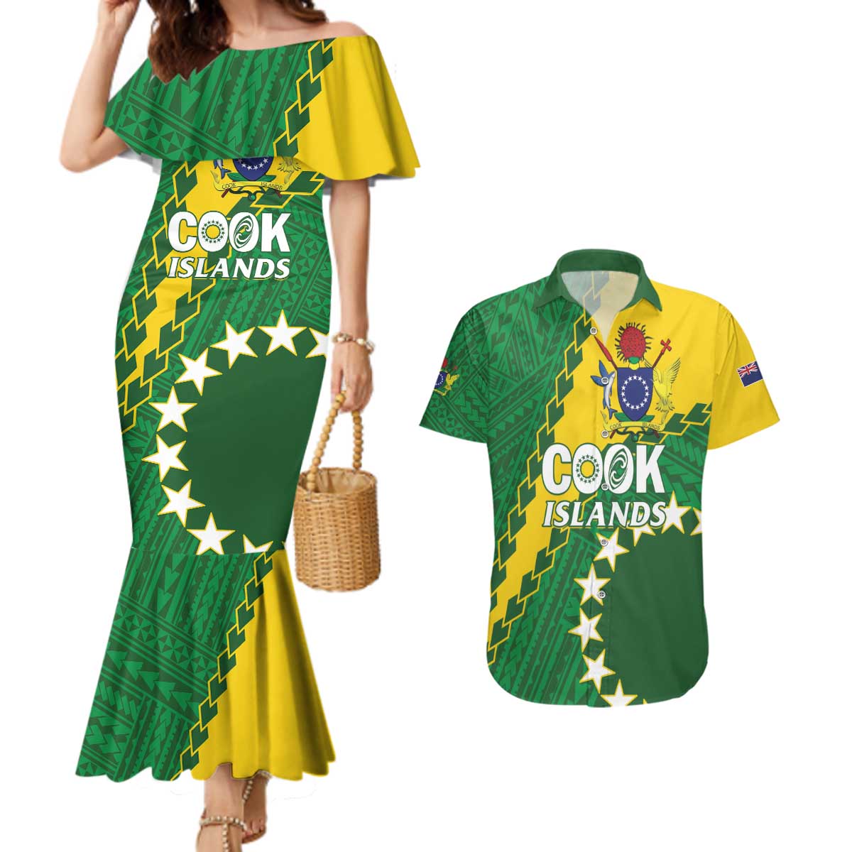 Custom Cook Islands Rugby Kukis Couples Matching Mermaid Dress and Hawaiian Shirt Circle Stars