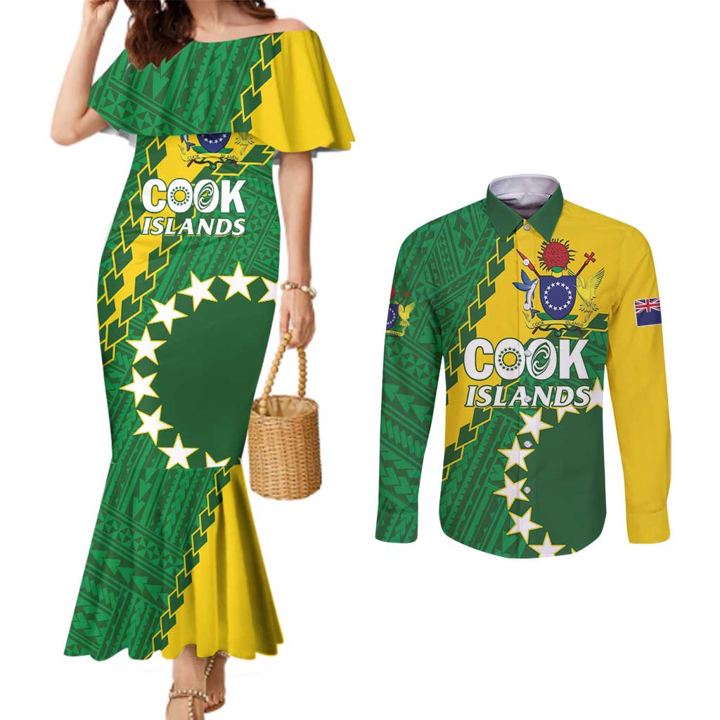 Custom Cook Islands Rugby Kukis Couples Matching Mermaid Dress and Long Sleeve Button Shirt Circle Stars LT01 Green - Polynesian Pride