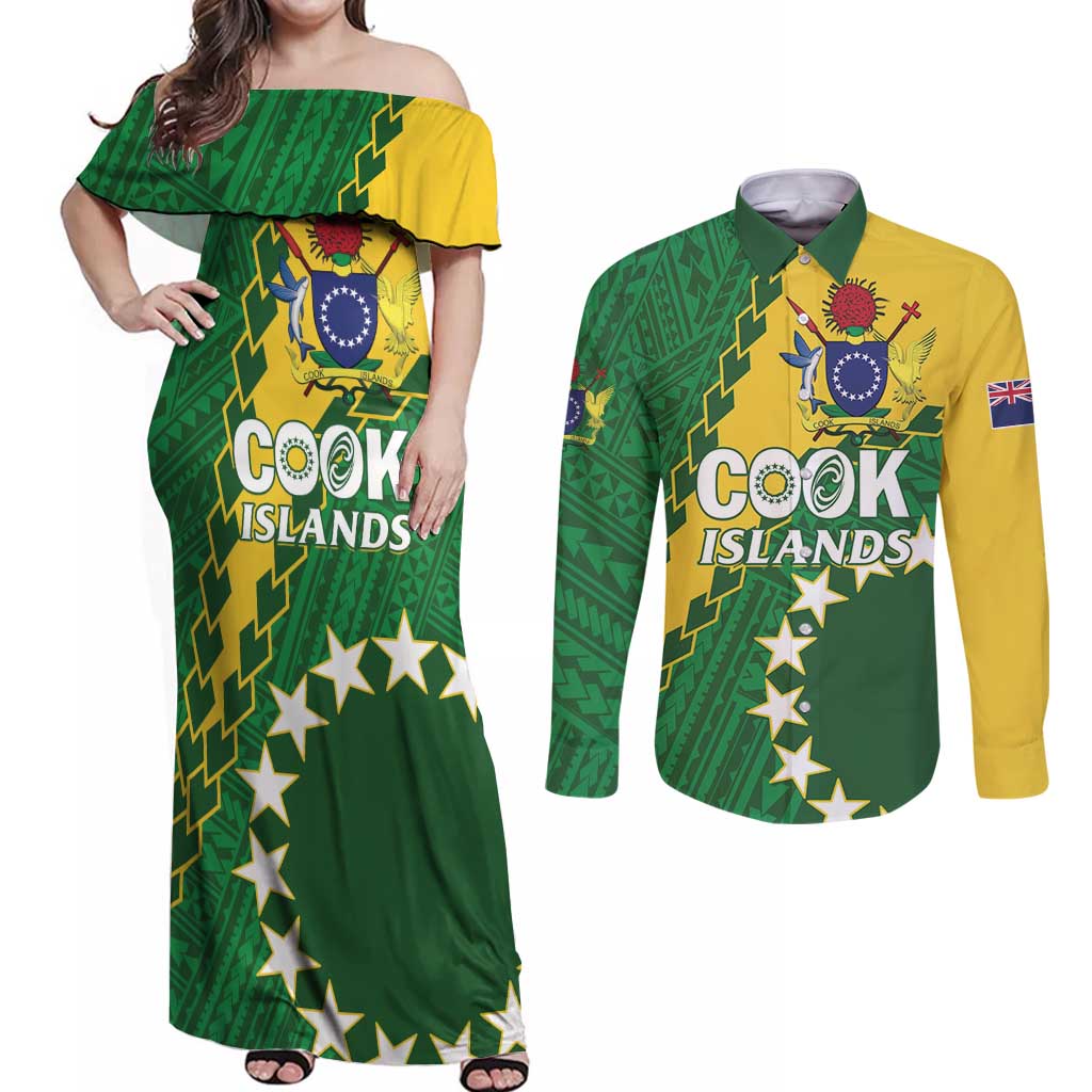 Custom Cook Islands Rugby Kukis Couples Matching Off Shoulder Maxi Dress and Long Sleeve Button Shirt Circle Stars LT01 Green - Polynesian Pride