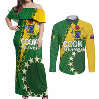 Custom Cook Islands Rugby Kukis Couples Matching Off Shoulder Maxi Dress and Long Sleeve Button Shirt Circle Stars LT01 Green - Polynesian Pride