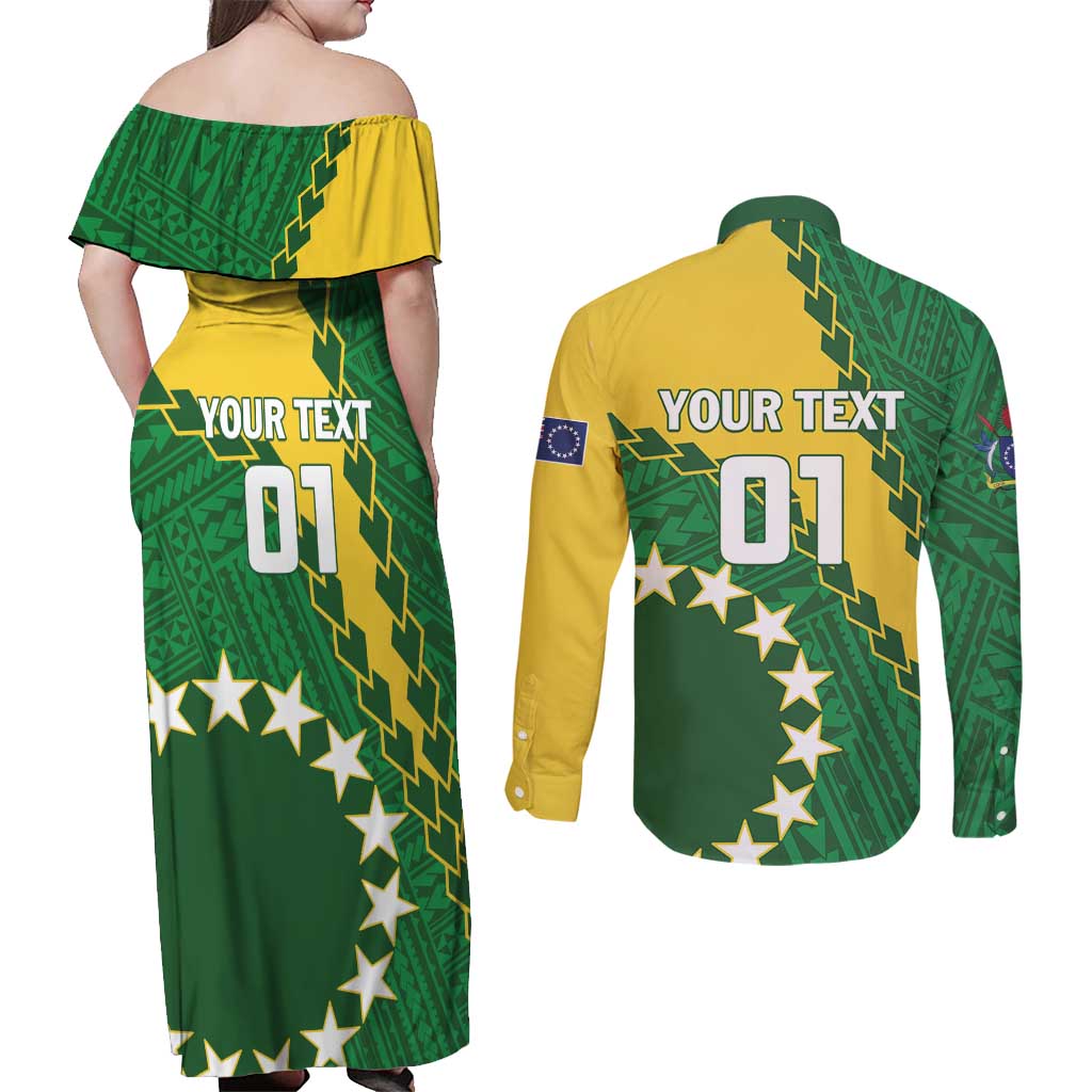 Custom Cook Islands Rugby Kukis Couples Matching Off Shoulder Maxi Dress and Long Sleeve Button Shirt Circle Stars LT01 - Polynesian Pride
