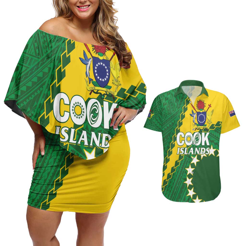 Custom Cook Islands Rugby Kukis Couples Matching Off Shoulder Short Dress and Hawaiian Shirt Circle Stars LT01 Green - Polynesian Pride