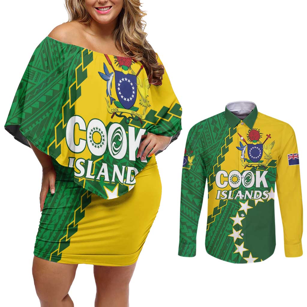 Custom Cook Islands Rugby Kukis Couples Matching Off Shoulder Short Dress and Long Sleeve Button Shirt Circle Stars LT01 Green - Polynesian Pride