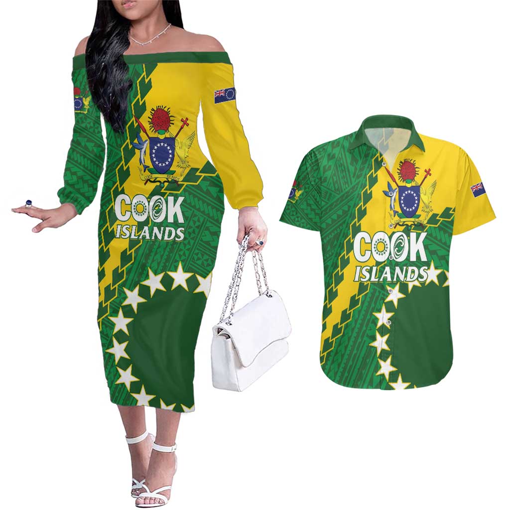 Custom Cook Islands Rugby Kukis Couples Matching Off The Shoulder Long Sleeve Dress and Hawaiian Shirt Circle Stars