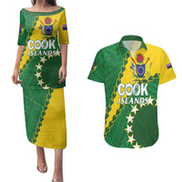 Custom Cook Islands Rugby Kukis Couples Matching Puletasi and Hawaiian Shirt Circle Stars LT01 Green - Polynesian Pride