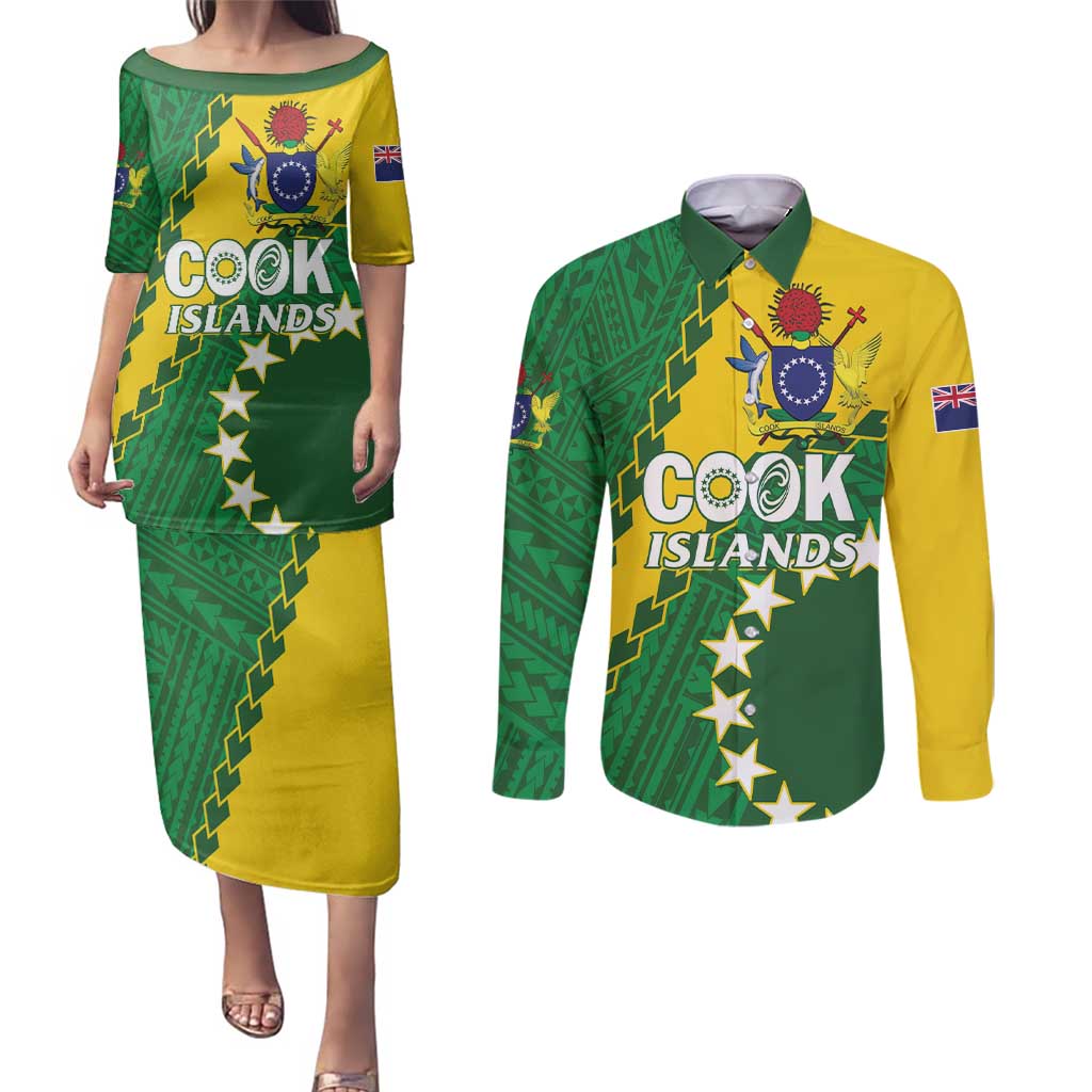 Custom Cook Islands Rugby Kukis Couples Matching Puletasi and Long Sleeve Button Shirt Circle Stars LT01 Green - Polynesian Pride
