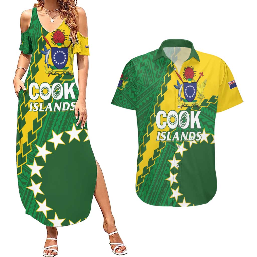 Custom Cook Islands Rugby Kukis Couples Matching Summer Maxi Dress and Hawaiian Shirt Circle Stars LT01 Green - Polynesian Pride