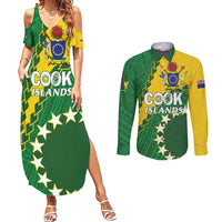 Custom Cook Islands Rugby Kukis Couples Matching Summer Maxi Dress and Long Sleeve Button Shirt Circle Stars LT01 Green - Polynesian Pride