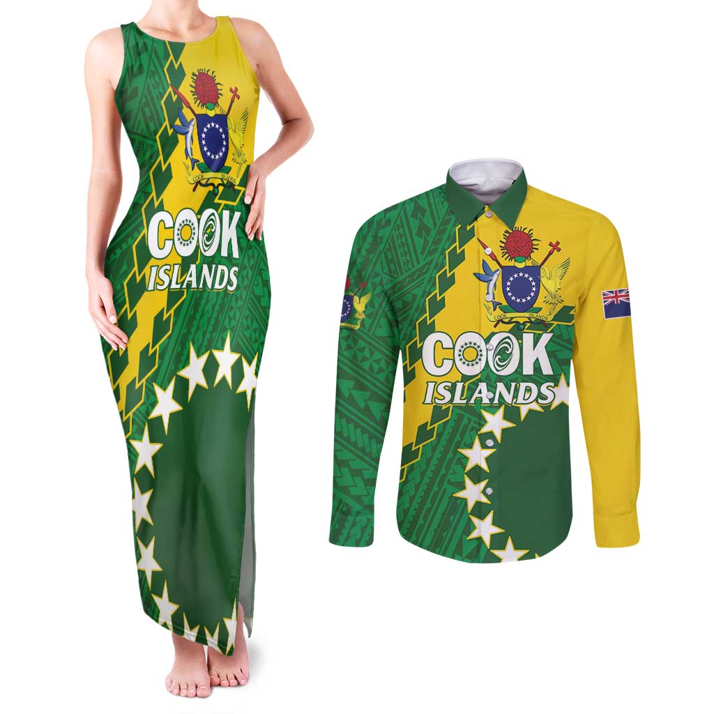 Custom Cook Islands Rugby Kukis Couples Matching Tank Maxi Dress and Long Sleeve Button Shirt Circle Stars LT01 Green - Polynesian Pride