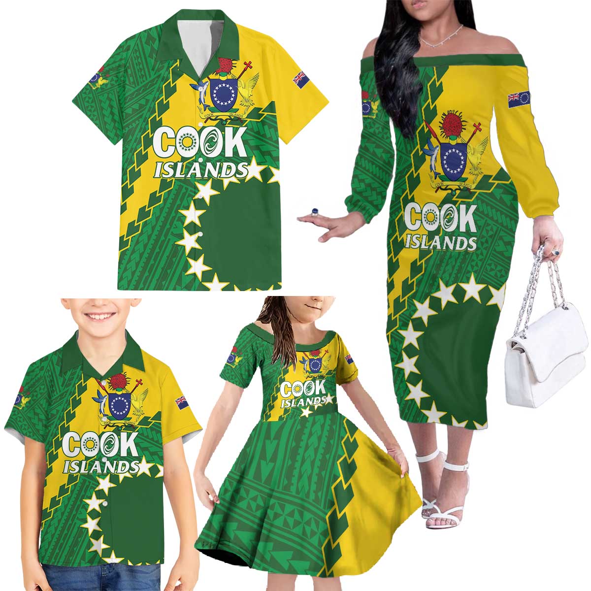 Custom Cook Islands Rugby Kukis Family Matching Off The Shoulder Long Sleeve Dress and Hawaiian Shirt Circle Stars