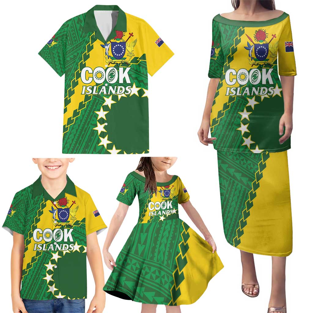 Custom Cook Islands Rugby Kukis Family Matching Puletasi and Hawaiian Shirt Circle Stars