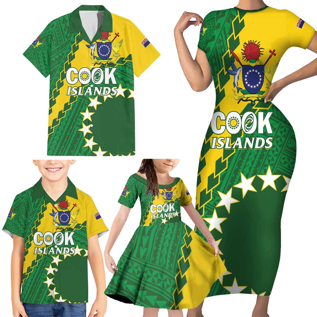 Custom Cook Islands Rugby Kukis Family Matching Short Sleeve Bodycon Dress and Hawaiian Shirt Circle Stars