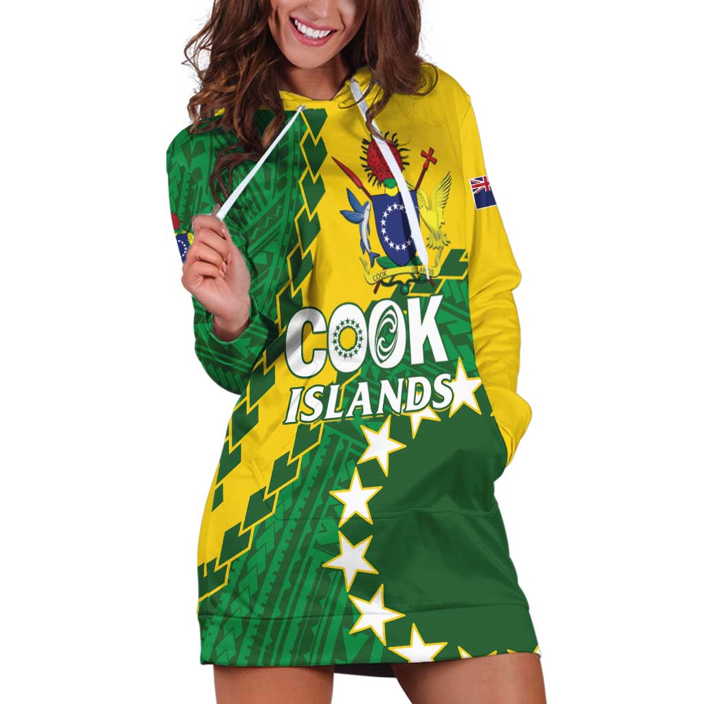 Custom Cook Islands Rugby Kukis Hoodie Dress Circle Stars LT01 Green - Polynesian Pride