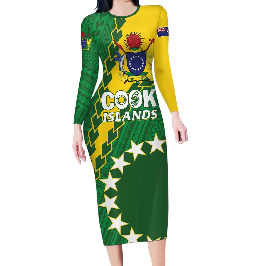 Custom Cook Islands Rugby Kukis Long Sleeve Bodycon Dress Circle Stars