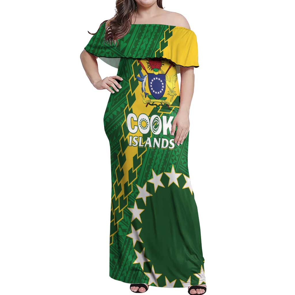 Custom Cook Islands Rugby Kukis Off Shoulder Maxi Dress Circle Stars LT01 Women Green - Polynesian Pride