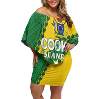 Custom Cook Islands Rugby Kukis Off Shoulder Short Dress Circle Stars LT01 Women Green - Polynesian Pride