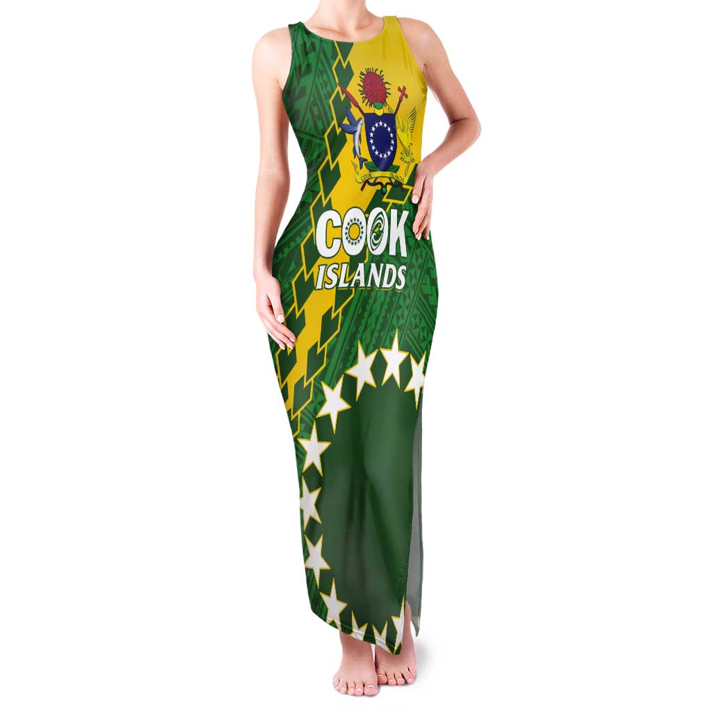 Custom Cook Islands Rugby Kukis Tank Maxi Dress Circle Stars LT01 Women Green - Polynesian Pride