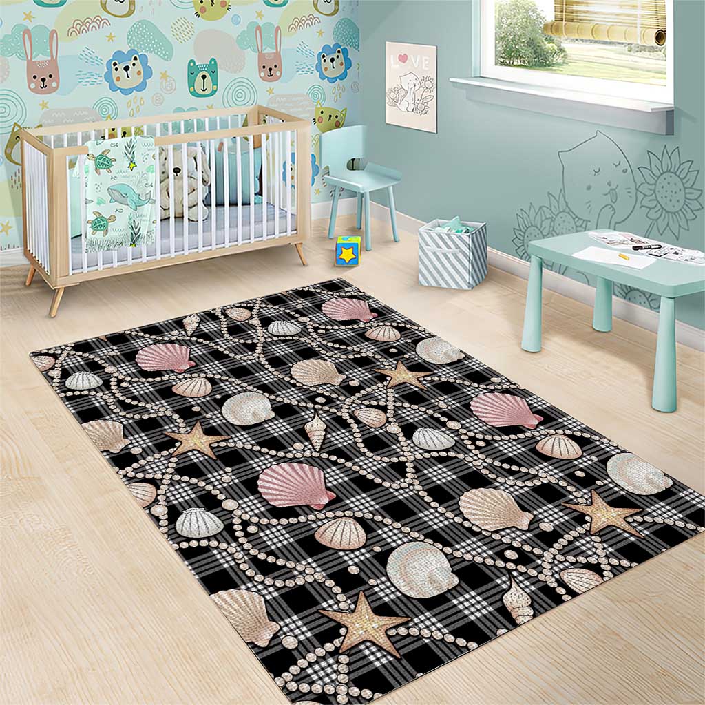Hawaiian Ocean Seashells Area Rug Black Palaka Pattern