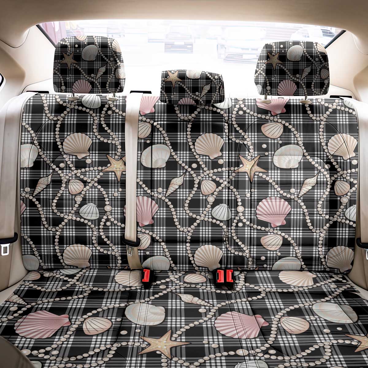 Hawaiian Ocean Seashells Back Car Seat Cover Black Palaka Pattern