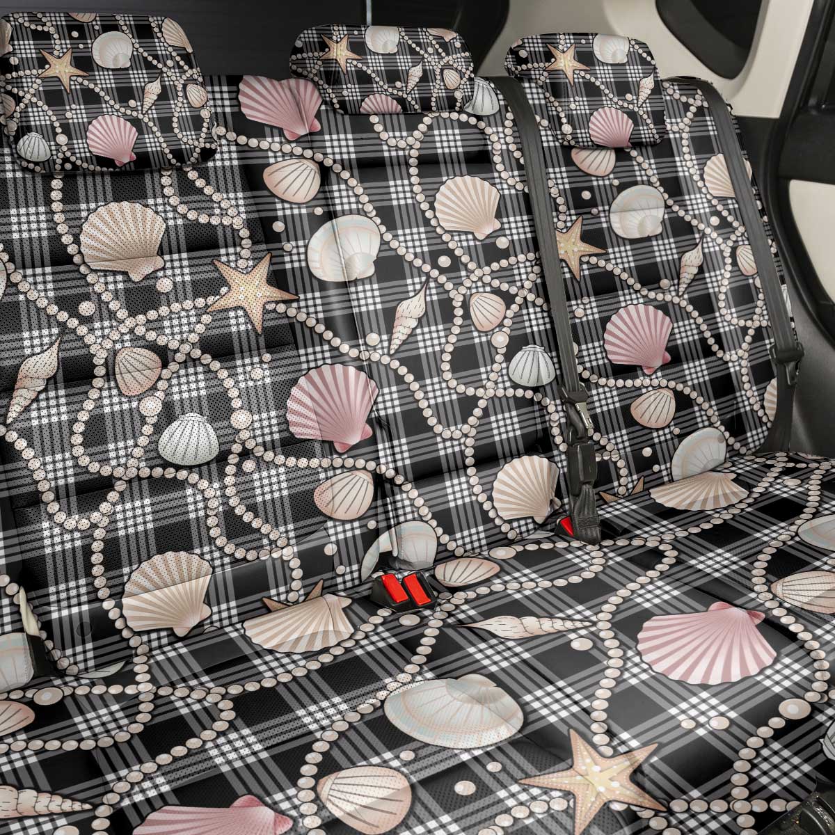 Hawaiian Ocean Seashells Back Car Seat Cover Black Palaka Pattern