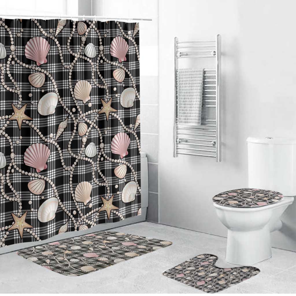 Hawaiian Ocean Seashells Bathroom Set Black Palaka Pattern LT01 Bathroom Set (4 pcs) Black - Polynesian Pride