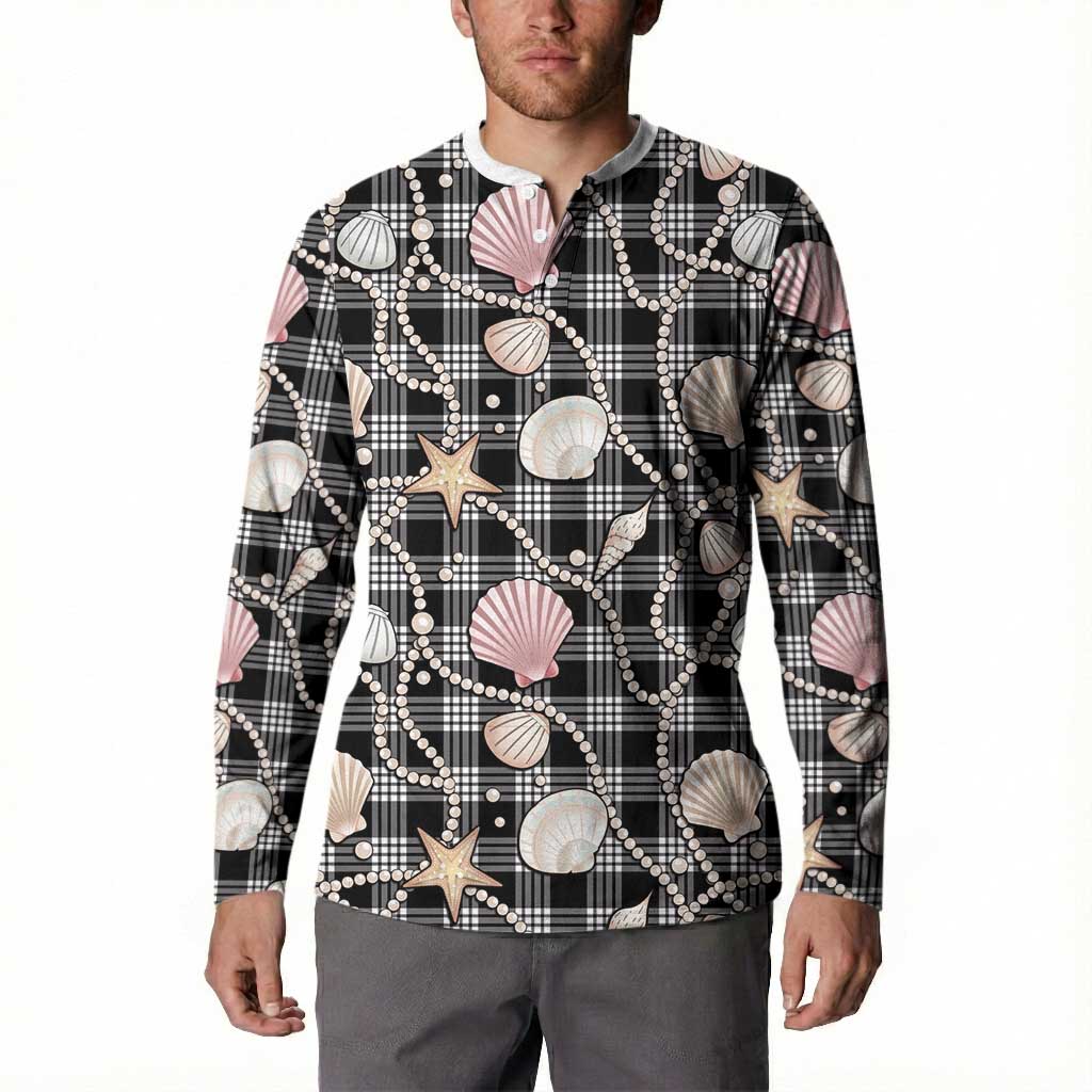 Hawaiian Ocean Seashells Button Sweatshirt Black Palaka Pattern LT01 - Polynesian Pride