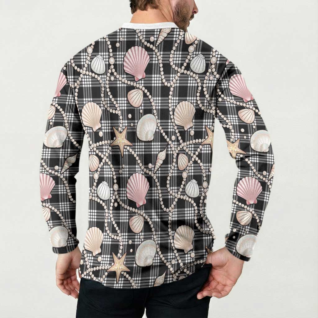 Hawaiian Ocean Seashells Button Sweatshirt Black Palaka Pattern LT01 - Polynesian Pride
