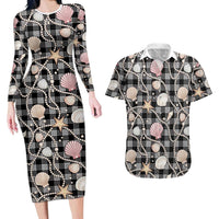 Hawaiian Ocean Seashells Couples Matching Long Sleeve Bodycon Dress and Hawaiian Shirt Black Palaka Pattern LT01 Black - Polynesian Pride