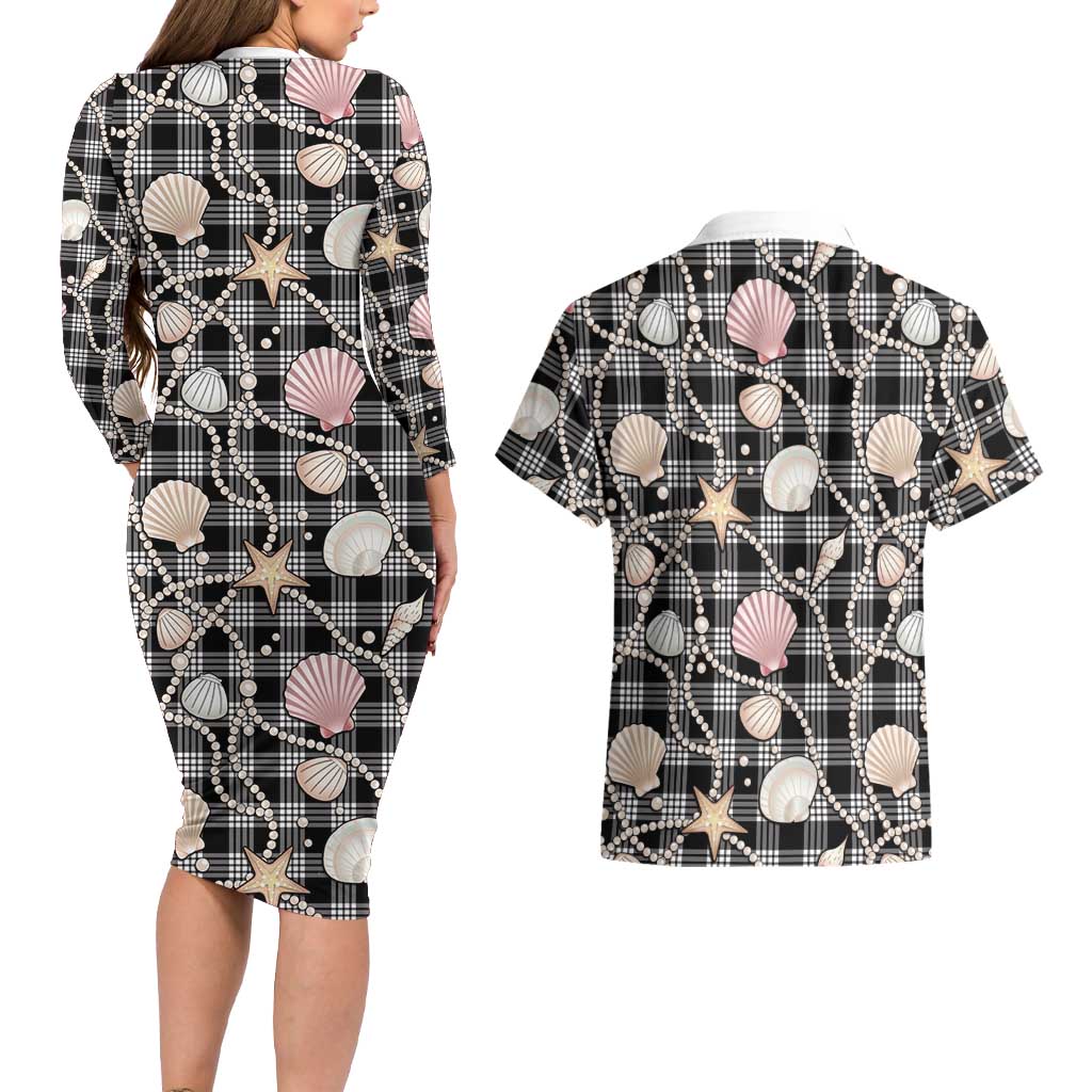 Hawaiian Ocean Seashells Couples Matching Long Sleeve Bodycon Dress and Hawaiian Shirt Black Palaka Pattern LT01 - Polynesian Pride