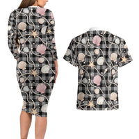 Hawaiian Ocean Seashells Couples Matching Long Sleeve Bodycon Dress and Hawaiian Shirt Black Palaka Pattern LT01 - Polynesian Pride