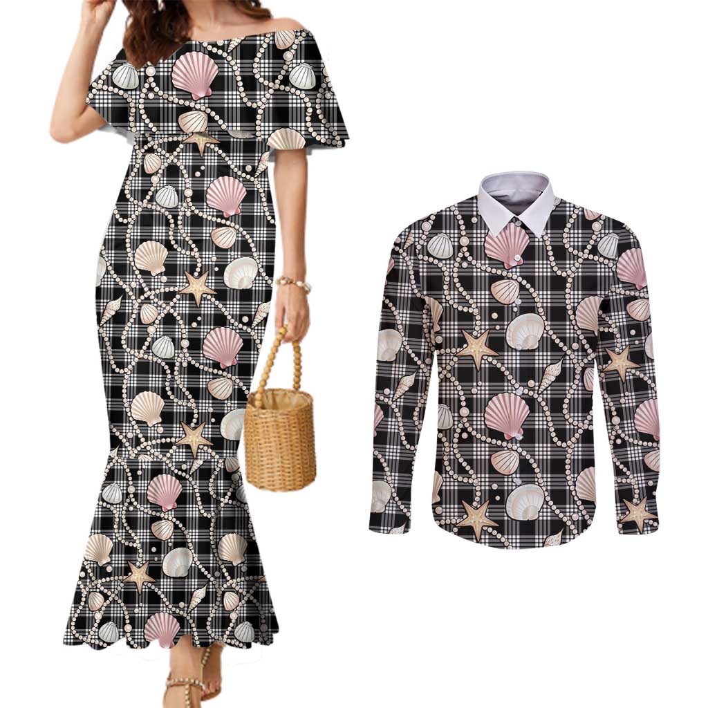 Hawaiian Ocean Seashells Couples Matching Mermaid Dress and Long Sleeve Button Shirt Black Palaka Pattern