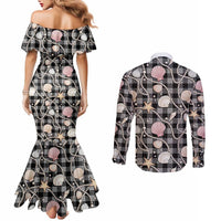 Hawaiian Ocean Seashells Couples Matching Mermaid Dress and Long Sleeve Button Shirt Black Palaka Pattern